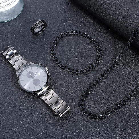 NEWITIN 4 Pieces Black Jewelry Set for Men Stainless Steel Watch Necklace Bracelet Ring Fashion Black Wristwatch Cuban Link Chain Cuban Jewelry Set for Men in Saudi Arabia