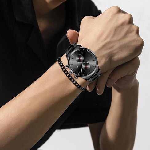 NEWITIN 4 Pieces Black Jewelry Set for Men Stainless Steel Watch Necklace Bracelet Ring Fashion Black Wristwatch Cuban Link Chain Cuban Jewelry Set for Men in Saudi Arabia