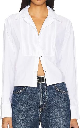 SUNNOW Women's White Boxy Cropped Tuxedo Button Up Shirt Long Sleeve Blouse Dressy Casual Tops in Saudi Arabia