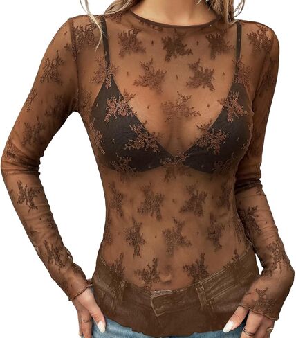 شبكة أعلى المرأة طويلة الأكمام Crewneck مثير الدانتيل شير قمصان حزب نادي ليلة انظر من خلال البلوزات in Kuwait