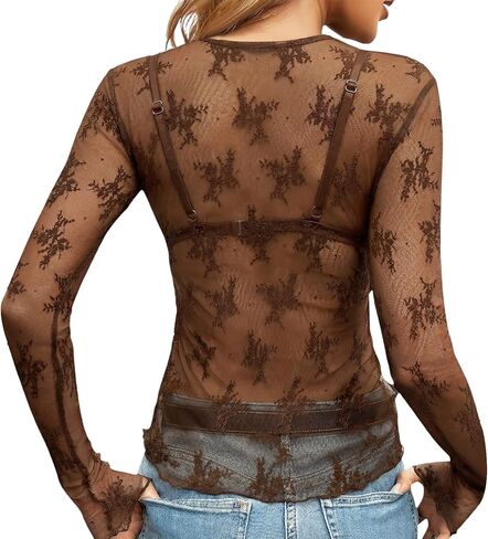شبكة أعلى المرأة طويلة الأكمام Crewneck مثير الدانتيل شير قمصان حزب نادي ليلة انظر من خلال البلوزات in Kuwait
