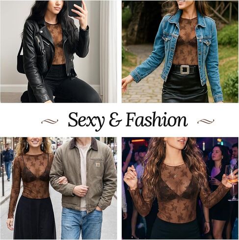 شبكة أعلى المرأة طويلة الأكمام Crewneck مثير الدانتيل شير قمصان حزب نادي ليلة انظر من خلال البلوزات in Kuwait