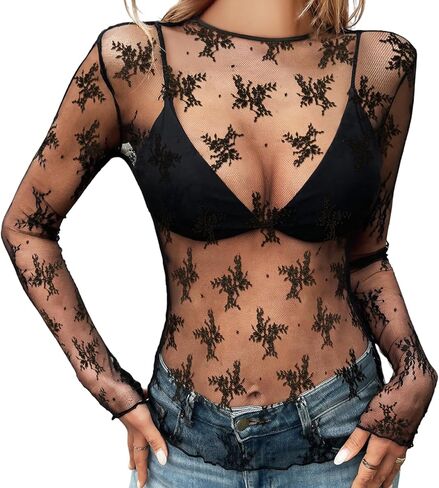 Mesh Top Women Long Sleeve Crewneck Sexy Lace Sheer Shirts Party Club Night See Through Blouses in Kuwait