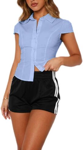 Women Y2k Button Down Lapel Blouse Cap Sleeve V Neck Slim Fit Vintage Shirt Going Out Collared Cropped Top in Saudi Arabia