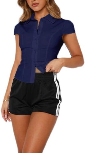Women Y2k Button Down Lapel Blouse Cap Sleeve V Neck Slim Fit Vintage Shirt Going Out Collared Cropped Top in Saudi Arabia
