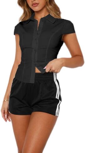 Women Y2k Button Down Lapel Blouse Cap Sleeve V Neck Slim Fit Vintage Shirt Going Out Collared Cropped Top in Saudi Arabia