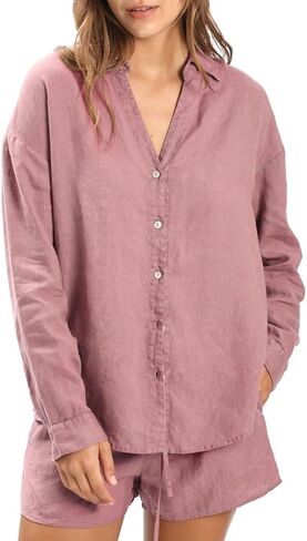 Amazhiyu Women's 100% Linen Plant-Dyed Long Sleeve Button-Down Shirt Blouse in Saudi Arabia