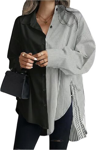 GORGLITTER Women's Oversized Button Down Shirts Striped Long Sleeve Colorblock Tie Side Collared Blouses Business Casual in Saudi Arabia
