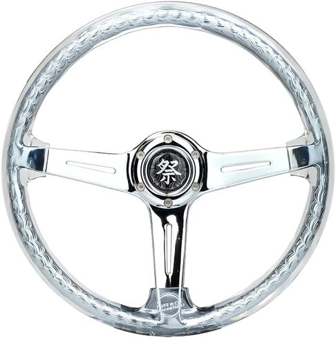 NRG Innovations NRG-RST-027CH-CL Reinforced Steering Wheel 350mm 2" Deep Dish Clear Acrylic Steering Wheel in Clear and Geometric NeoChrome Spoke Finish with Slits in Saudi Arabia