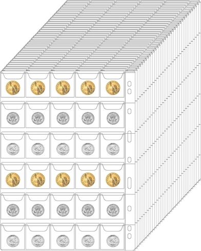 1050 Pockets Coin Sleeves 35 Sheets Coin Holders for Collectors Plastic Coins Protectors Pages Collection Supplies for Binder with Standard 9 Holes (30 Pocket) in Kuwait