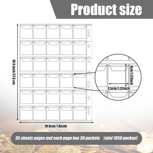 1050 Pockets Coin Sleeves 35 Sheets Coin Holders for Collectors Plastic Coins Protectors Pages Collection Supplies for Binder with Standard 9 Holes (30 Pocket) in Kuwait