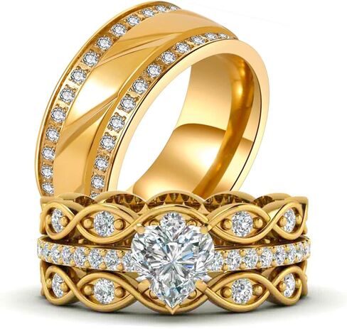 Couple Ring Bridal Set His And Hers Women 10k Yellow Gold Plated Heart CZ Men Titanium Band Wedding Ring Band Set in Kuwait