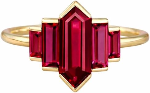 Red Ruby Engagement Ring for Women Solid Yellow Gold Art Deco Hexagon Cut Center with Side Baguette Stone Bezel Setting Handmade Promise Unique Fine Jewelry Gift for Her in Saudi Arabia