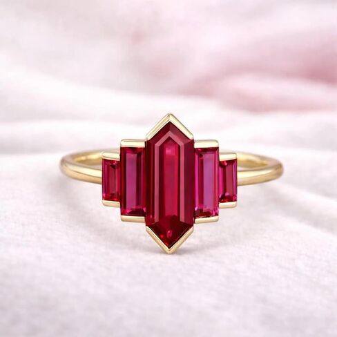 Red Ruby Engagement Ring for Women Solid Yellow Gold Art Deco Hexagon Cut Center with Side Baguette Stone Bezel Setting Handmade Promise Unique Fine Jewelry Gift for Her in Saudi Arabia