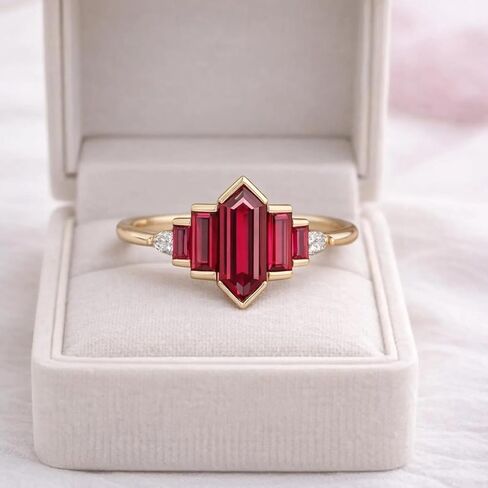 Red Ruby Engagement Ring for Women Solid Yellow Gold Art Deco Hexagon Cut Center with Side Baguette Stone Bezel Setting Handmade Promise Unique Fine Jewelry Gift for Her in Saudi Arabia