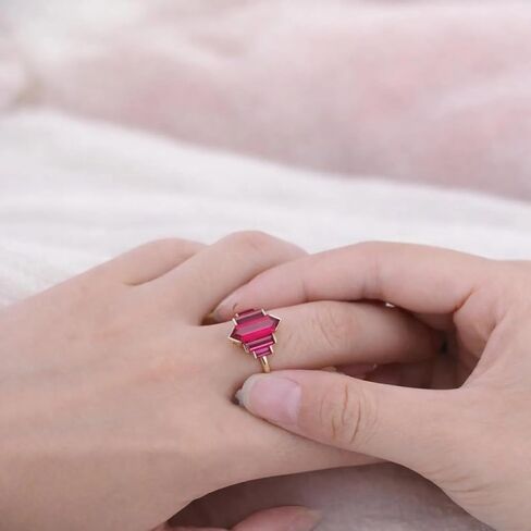 Red Ruby Engagement Ring for Women Solid Yellow Gold Art Deco Hexagon Cut Center with Side Baguette Stone Bezel Setting Handmade Promise Unique Fine Jewelry Gift for Her in Saudi Arabia