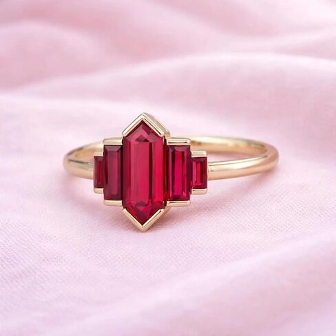 Red Ruby Engagement Ring for Women Solid Yellow Gold Art Deco Hexagon Cut Center with Side Baguette Stone Bezel Setting Handmade Promise Unique Fine Jewelry Gift for Her in Saudi Arabia