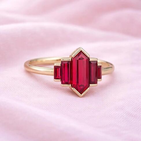 Red Ruby Engagement Ring for Women Solid Yellow Gold Art Deco Hexagon Cut Center with Side Baguette Stone Bezel Setting Handmade Promise Unique Fine Jewelry Gift for Her in Saudi Arabia
