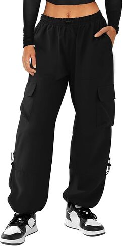 سراويل باراشوت كارجو للسيدات بخصر مطاطي وخفيفة الوزن ومقاومة للماء مع 4 جيوب in Kuwait