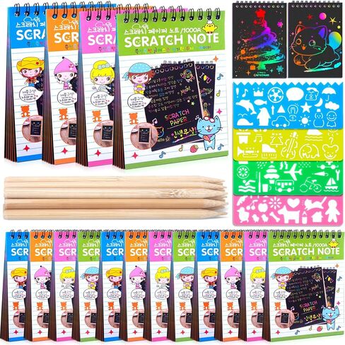 16 Pack Drawing Notebook Set, Scratch Art Paper Rainbow Mini Notes, Sketch Drawing Pad for Kids Party Favors（with 16 Wooden Stylus & 4 Drawing Stencils） in Kuwait