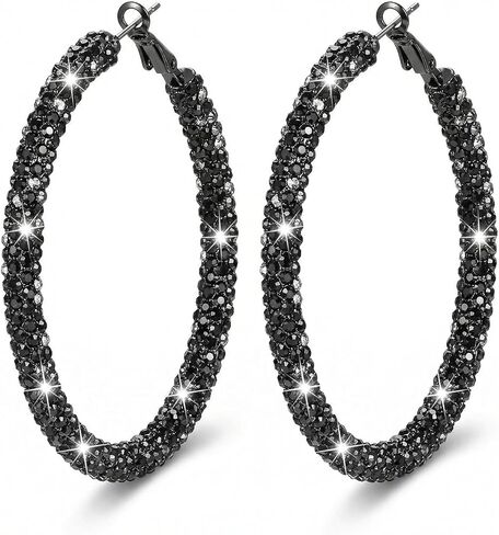 Bling Rhinestone Black Gold Big Hoop Earrings for Women, Trendy Cubic Zirconia Sparkly Huggie Loop Aesthetic Party Jewelry in Kuwait