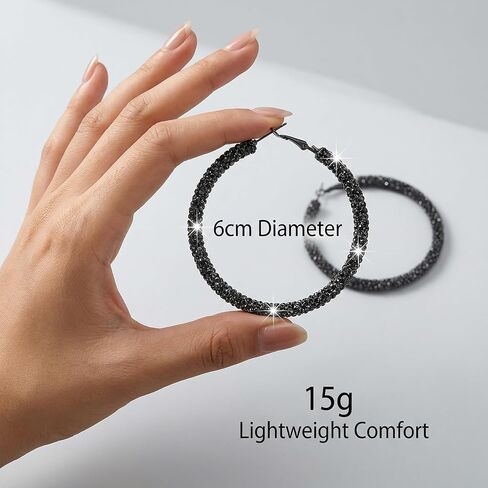 Bling Rhinestone Black Gold Big Hoop Earrings for Women, Trendy Cubic Zirconia Sparkly Huggie Loop Aesthetic Party Jewelry in Kuwait