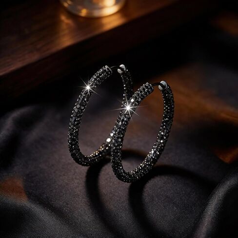 Bling Rhinestone Black Gold Big Hoop Earrings for Women, Trendy Cubic Zirconia Sparkly Huggie Loop Aesthetic Party Jewelry in Kuwait