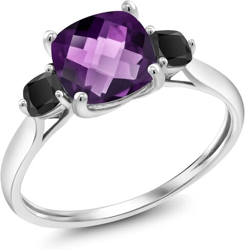 Gem Stone King 10K White Gold Purple Amethyst and Black Onyx 3 Stone Engagement Ring For Women (1.66 Cttw, Cushion Checkerboard 7MM, Gemstone February Birthstone Ring in Saudi Arabia