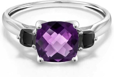 Gem Stone King 10K White Gold Purple Amethyst and Black Onyx 3 Stone Engagement Ring For Women (1.66 Cttw, Cushion Checkerboard 7MM, Gemstone February Birthstone Ring in Saudi Arabia