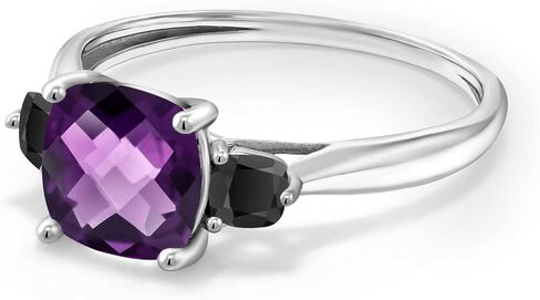 Gem Stone King 10K White Gold Purple Amethyst and Black Onyx 3 Stone Engagement Ring For Women (1.66 Cttw, Cushion Checkerboard 7MM, Gemstone February Birthstone Ring in Saudi Arabia