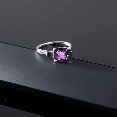 Gem Stone King 10K White Gold Purple Amethyst and Black Onyx 3 Stone Engagement Ring For Women (1.66 Cttw, Cushion Checkerboard 7MM, Gemstone February Birthstone Ring in Saudi Arabia