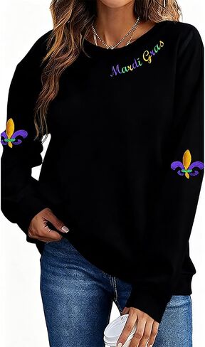LLHXRUI Embroidery Sweatshirt for Women-Fat Tuesday Long Sleeve T Shirt Carnival Party Pullovers Tops in Saudi Arabia