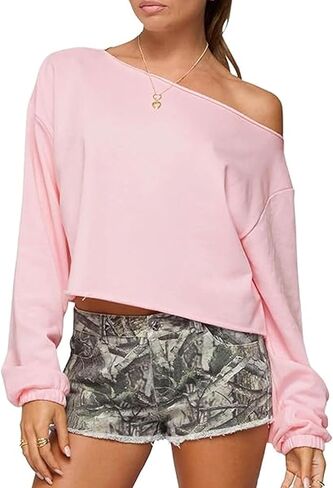 Women's Oversized Off The Shoulder Tops Casual Loose Long Sleeve Crop Sweatshirt Spring Going Out Top in Saudi Arabia