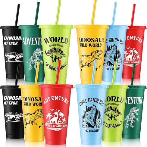 Mifoci 12 Pcs Dinosaur Party Favor Plastic Cup 24 oz Dinosaur Cup with Lids and Straws Set Kids Reusable Plastic Cups Dinosaur Cup Decorations for Beverage Birthday Party Dino Supplies (Colorful) in Kuwait