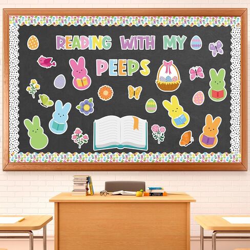 Yopyame 129Pcs Reading with My Peeps Easter Bulletin Board Set Easter Reading Peeps Bunny Book Butterfly Flowers Cutouts Bulletin Board Borders Trim Classroom Sunday School Chalkboard Wall Decoration in Kuwait
