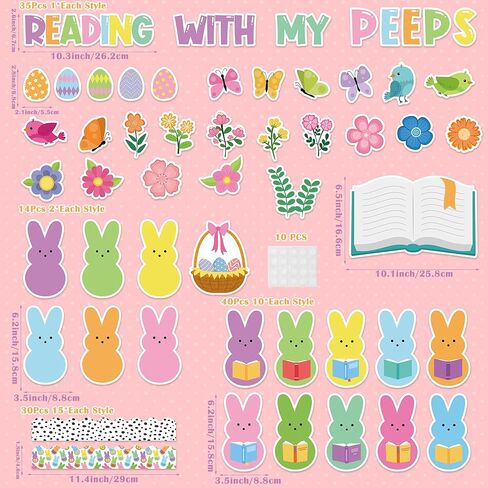 Yopyame 129Pcs Reading with My Peeps Easter Bulletin Board Set Easter Reading Peeps Bunny Book Butterfly Flowers Cutouts Bulletin Board Borders Trim Classroom Sunday School Chalkboard Wall Decoration in Kuwait