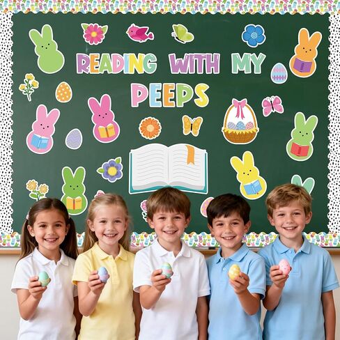 Yopyame 129Pcs Reading with My Peeps Easter Bulletin Board Set Easter Reading Peeps Bunny Book Butterfly Flowers Cutouts Bulletin Board Borders Trim Classroom Sunday School Chalkboard Wall Decoration in Kuwait