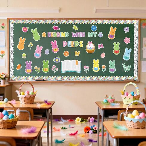 Yopyame 129Pcs Reading with My Peeps Easter Bulletin Board Set Easter Reading Peeps Bunny Book Butterfly Flowers Cutouts Bulletin Board Borders Trim Classroom Sunday School Chalkboard Wall Decoration in Kuwait