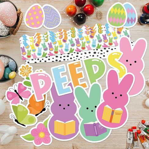 Yopyame 129Pcs Reading with My Peeps Easter Bulletin Board Set Easter Reading Peeps Bunny Book Butterfly Flowers Cutouts Bulletin Board Borders Trim Classroom Sunday School Chalkboard Wall Decoration in Kuwait