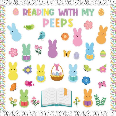 Yopyame 129Pcs Reading with My Peeps Easter Bulletin Board Set Easter Reading Peeps Bunny Book Butterfly Flowers Cutouts Bulletin Board Borders Trim Classroom Sunday School Chalkboard Wall Decoration in Kuwait