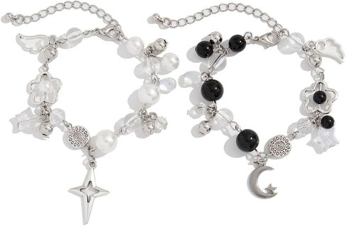 2PCS Punk Y2K Matching Bracelet for Women Men Cool Y2K Pearl Strawberry Envelope Love Heart Star Beaded Bracelets Set Aesthetic Grunge Punk Beads Bracelet for Couples Friends Jewelry Gifts in Saudi Arabia