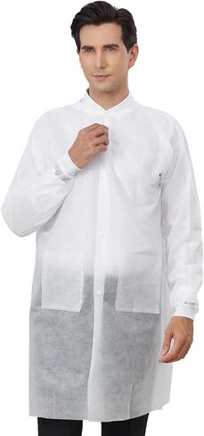 Greenour Case of 50-100 Disposable Lab Coats for Adult with Knitted Cuffs and Collar, 3 Pockets White Long Sleeves Jacket in Saudi Arabia