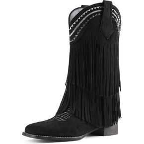 Cowboy Boots for Women Fringe Mid Calf Boots Low Chunky Block Heel Square Toe Pull On Cowgirl Western Boots in Saudi Arabia