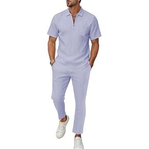 ملابس الشاطئ الصيفية للرجال من Bealin مكونة من قطعتين كاجوال بسحاب ربع وأكمام قصيرة وقميص مخطط عمودي ومجموعة سراويل فضفاضة in Kuwait