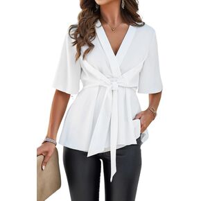 قمصان صيفية نسائية صيفية برقبة على شكل حرف V وأكمام جرس قصيرة وربطة أمامية وبلوزة ملفوفة على الخصر وقمصان مكشكشة غير رسمية in Kuwait