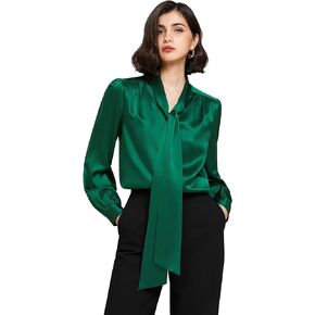 Mommesilk نقية 22 مومي الحرير ربطة القوس فيونكة بلوزة للنساء طويلة الأكمام الشريط طوق العمل عادية لينة الفاخرة قميص للسيدات in Kuwait