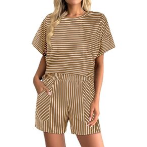 Hilinker Womens 2 Piece Striped Pajamas Sets Short Sleeve Pj Tops and Shorts Loungewear with Pockets in Saudi Arabia