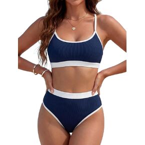 مجموعة بيكيني نسائية ذات كتلة ألوان عالية الخصر وتغطية كاملة مكونة من قطعتين بدلة سباحة مضلعة in Kuwait