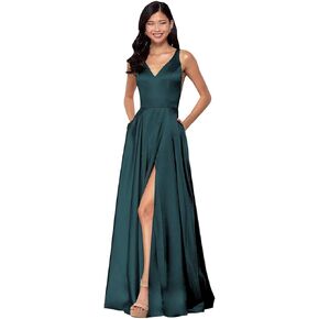 Women's Spaghetti Straps Satin Prom Dress V-Neck Long Formal Evening Gowns with Slit in Kuwait
