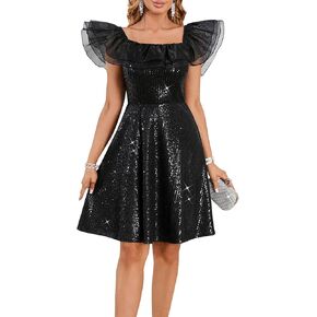 Off Shoulder Sequin Cocktail Dress for Women – Ruffle Neckline A-Line Party Dress for Wedding Guest & Evening in Kuwait